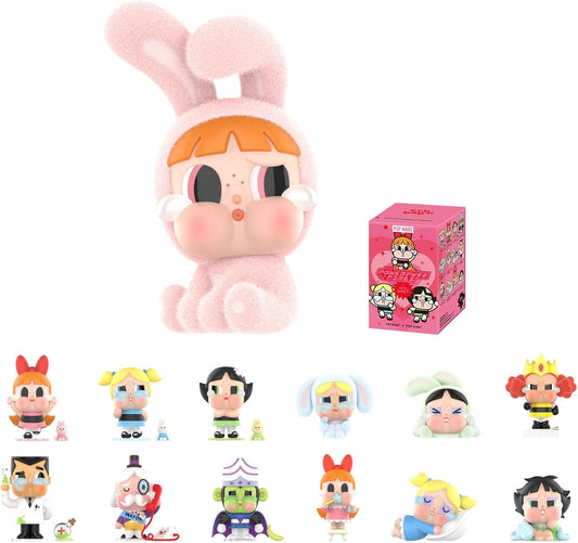 A display of POP MART Crybaby x Powerpuff Girls series blind box figures featuring Blossom, Bubbles, and Buttercup with signature tearful expressions