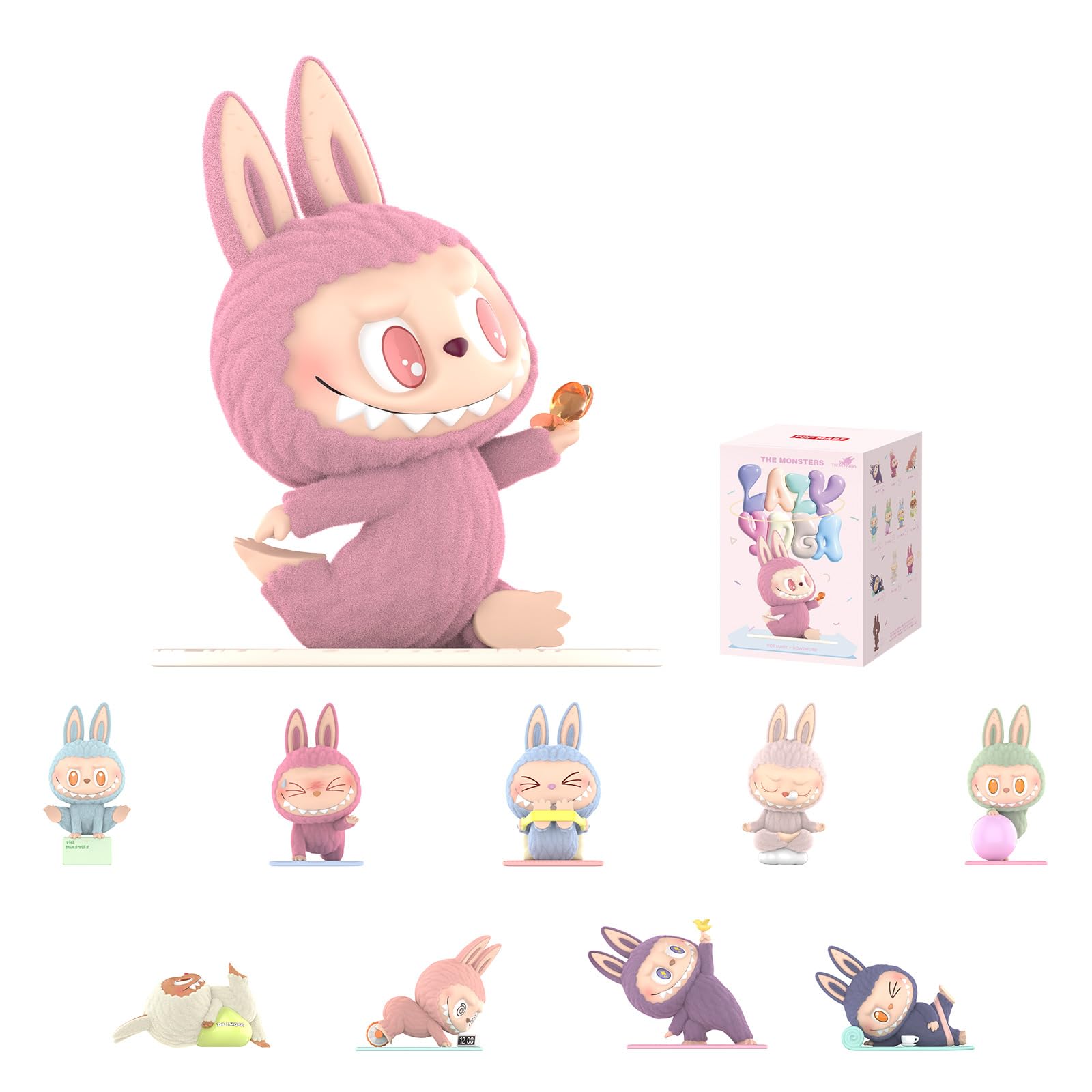 A lineup of POP MART Labubu The Monsters Lazy Yoga series blind box figures showing various funny yoga poses with soft flock printing details