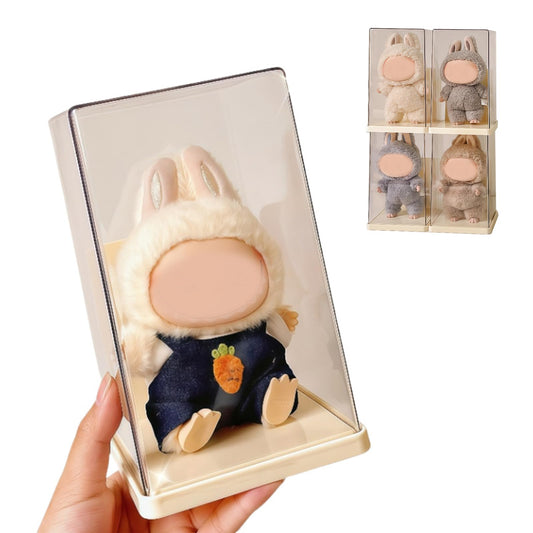 Rotating 360° clear Labubu display case with dust-proof cover holding a figure